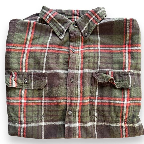 Long Sleeve Checkered Plaid Button Down Flannel Mens Large Green Red Lumberjack - Picture 15 of 16